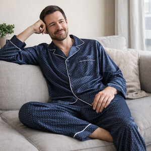 Alexander Del Rossa Satin Men's Pajamas 2XL Navy Blue PJs top & pants Set